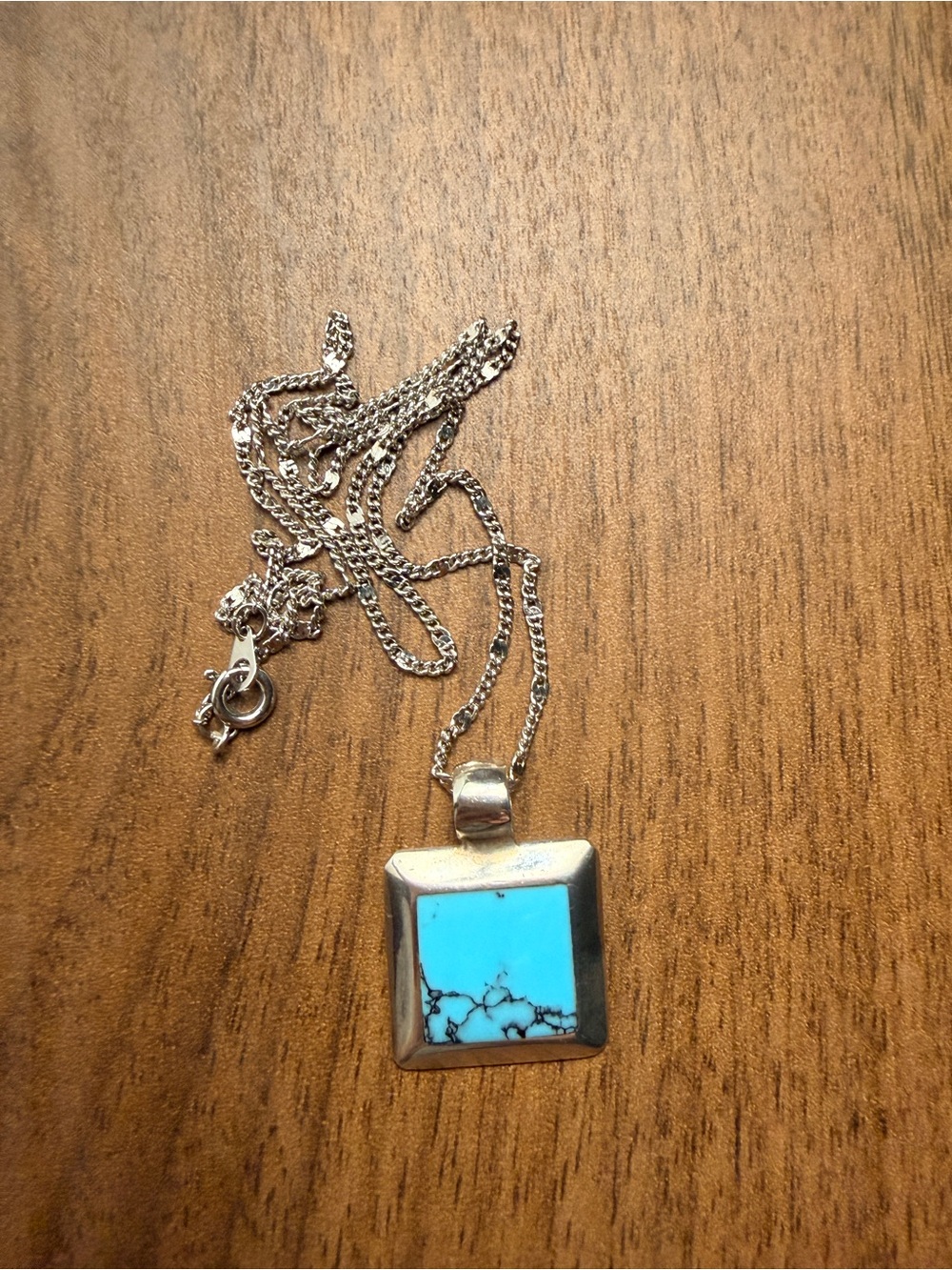 Sterling Silver Turquoise Square Pendant Necklace abd chain